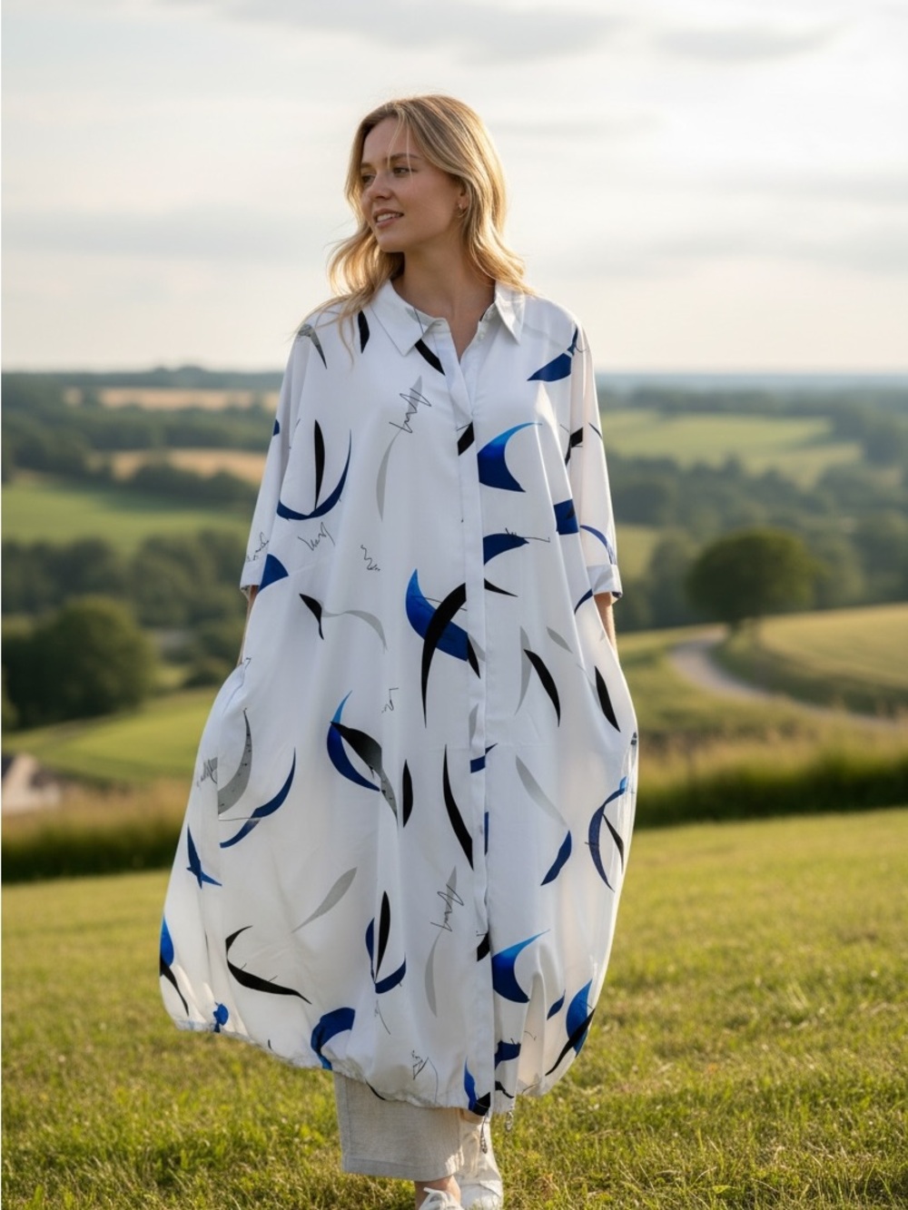 Alfani White Maxi Dress with Blue, Black & Gray Abstract Print